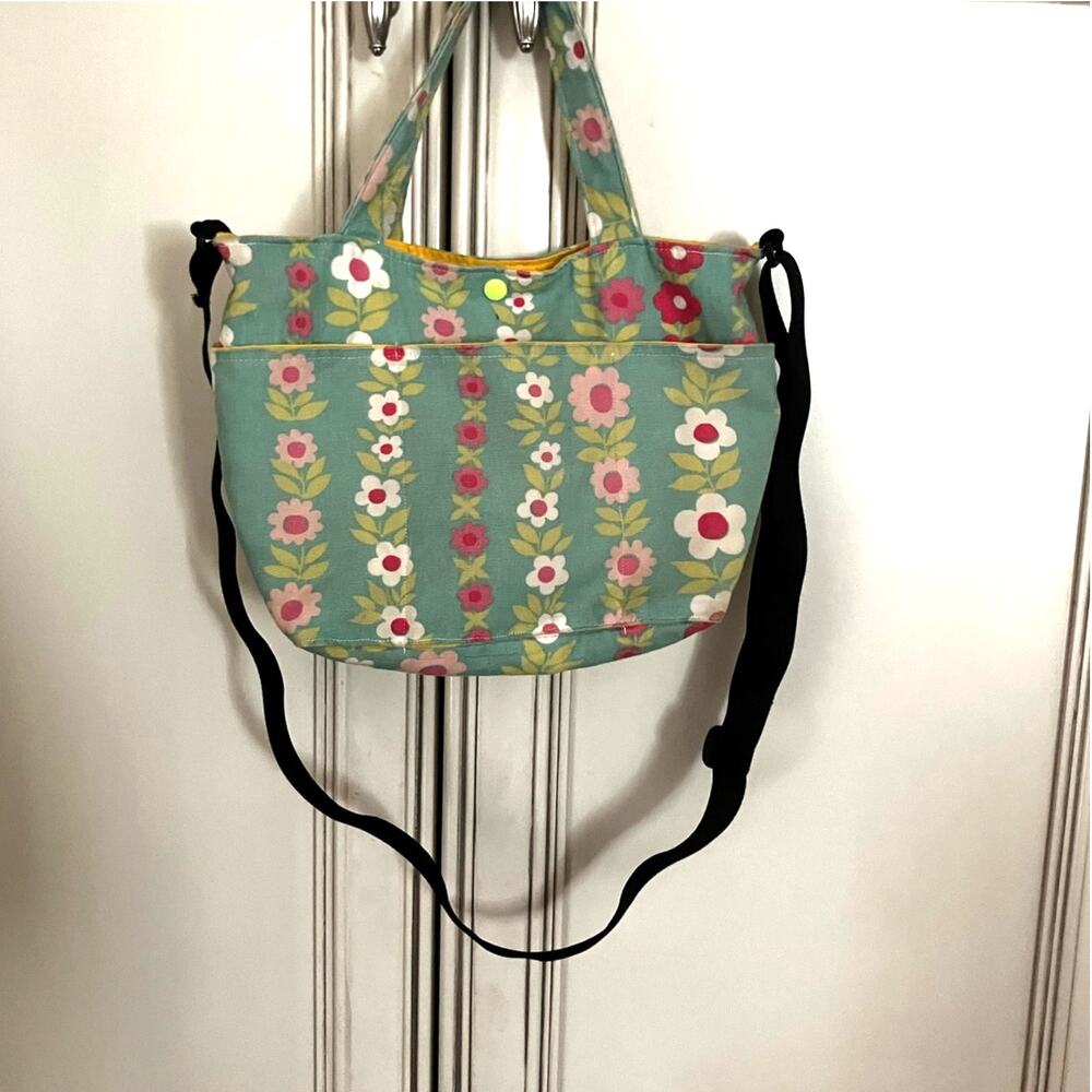 Handmade Floral Cottagecore Tote Bag Crossbody Purse Teal Pink Canvas Cute - Picture 4 of 16